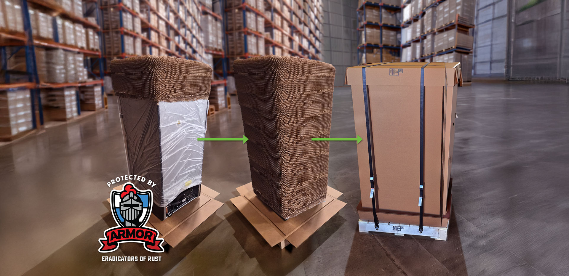 Refrigerator wrapped in HexcelWrap with Armor VCI Technology and crated using HexcelCrate Refrigerator wrapped in HexcelWrap with Armor VCI Technology and crated using HexcelCrate